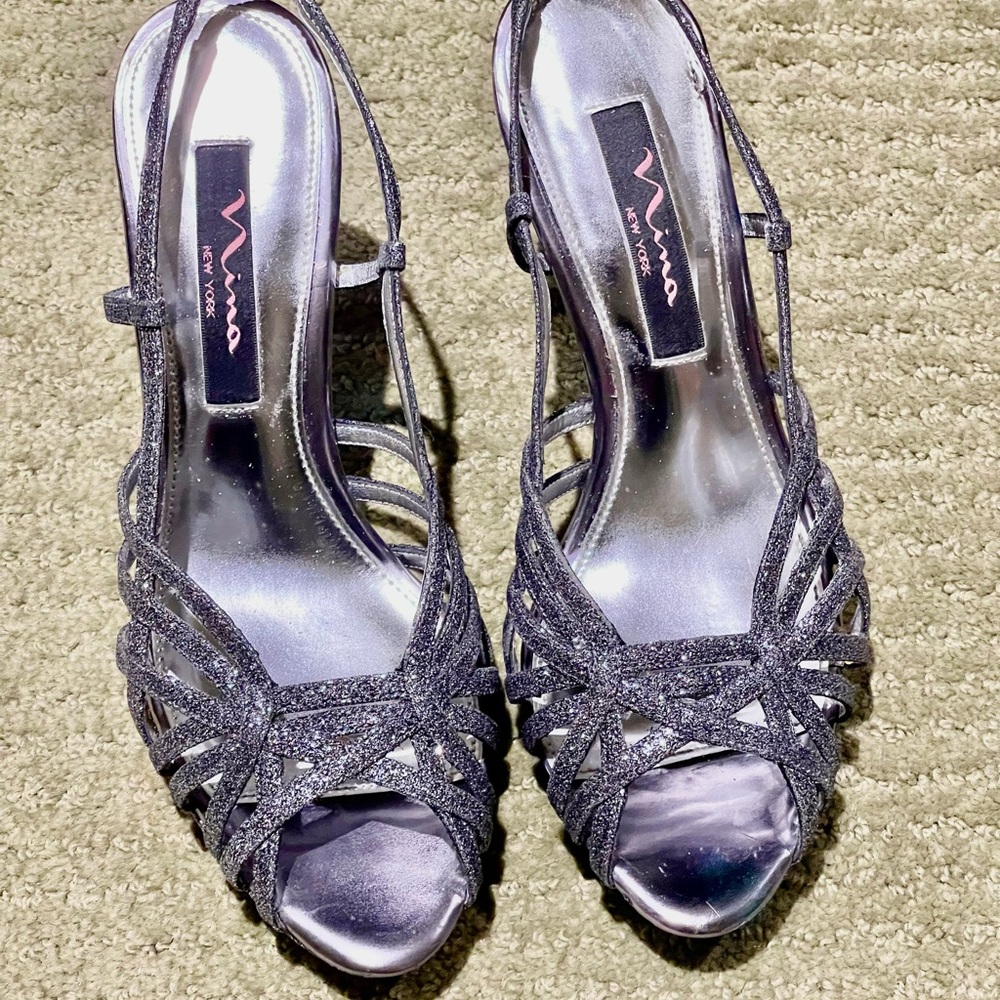 Women's Glitter Strappy Heels - Pewter colour small platform sz. 7 used once